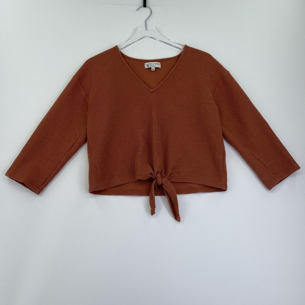 Madewell Texture & Thread Womens Crop Top Large Orange Knot 3/4 Sleeve V-neck